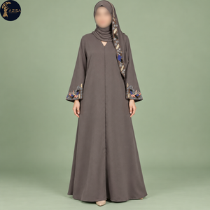 Abaya color taupe mate para mujer con puños con cuentas florales |   Vestido modesto con corte en A y bordado multicolor con ribete de hijab, elegante. - Product Image 1