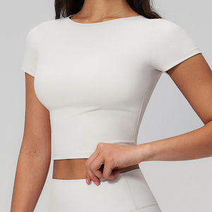 Women's Solid Color <b>Cap</b> <b>Sleeve</b> Crop <b>Top</b> T-Shirt O-Neck Quick Dry Spandex Polyester T-Shirts Casual Wear Stretch Crop Tee - Product Image 3