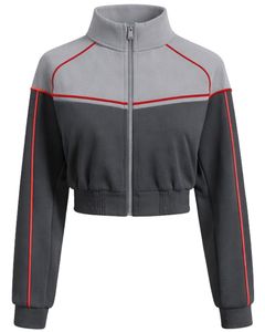 Grey Black Women Cropped Track <b>Jacket</b> <b>Zip</b> <b>Up</b> Sports <b>Jacket</b> Gym Fitness Activewear Red Piping Contrast Training <b>Jacket</b> Customized - Product Image 1