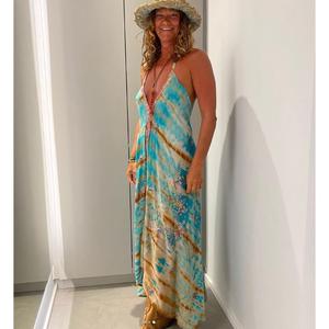 Tie Dye <b>Boho</b> Eco-Friendly A-Line Maxi <b>Dress</b> V Neck Sleeveless Regular Fit <b>Summer</b> Casual Wear Natural Waistline Knitted Fabric - Product Image 1
