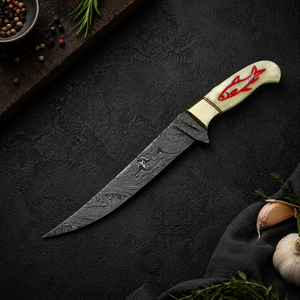 Custom Handmade Modern Ambidextrous Boning <b>Knife</b> Damascus Steel Blade 3.0mm Thickness <b>Bone</b> <b>Handle</b> Leather Sheath 9 Extra Sharp - Product Image 6