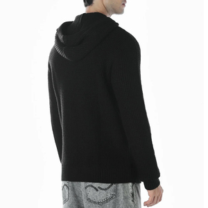 Pull à capuche en tricot noir pour homme, coupe classique, couleur unie, décontracté, automne, écologique, polaire polyester/coton - Product Image 2