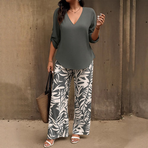 Conjunto Casual de Dos Piezas para Mujer, Cuello en V, Manga Larga, Estampado Digital, Transpirable y Cómodo, para Uso Diario en Otoño, Poliéster/Algodón - Product Image 2