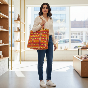 <b>Quilted</b> Cotton Tote Bag for Women-Hand Block Print Orange Stripe Geometric Large Size Open Closure Embroidery - Product Image 2