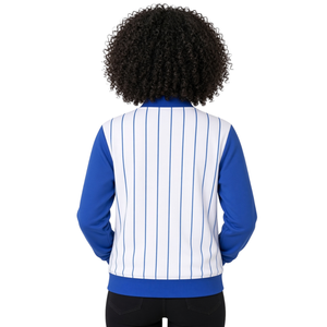 เสื้อแจ็คเก็ต Zeta Phi Beta ลายทางสีน้ำเงินขาว แบบซิปเต็มตัว แขนยาว สไตล์บอมเบอร์ สำหรับชมรมนักศึกษากรีก  ลำลอง - Product Image 2