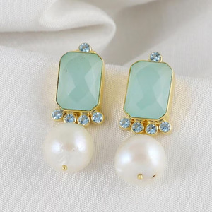 Wholesale Price Chalcedony, Pearl and Blue Topaz Gold plated brass <b>earrings</b>, Statement everyday wear jewelry - Product Image 2