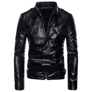 Veste en cuir pour homme, col rabattu, fermeture éclair, coupe ajustée, style motard, couleur unie, manches classiques, automne - Product Image 1