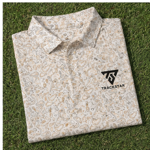 Camisa Polo Trackstar para Hombre, Color Crema Dorado, Estampado Paisley, Manga Corta, Cuello con Botones, Camisa Casual de Golf, Logotipo Personalizado - Product Image 5