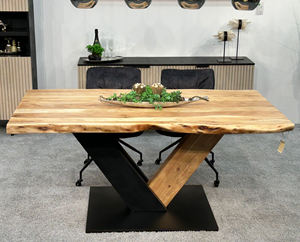 Industrial Iron & Wooden Solid Mango Wood Live Edge Thick Top Metal & Wooden Combination Pedestal Base <b>Kitchen</b> Home Dining Table - Product Image 3