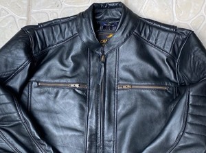 Blouson moto en cuir véritable pour homme, col montant, fermeture éclair, noir uni, coupe classique, pour l'automne - Product Image 3