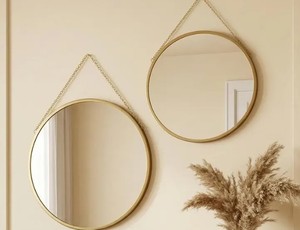 <b>Round</b> Metal Wall <b>Mirror</b> with Chain | <b>Gold</b> Hanging <b>Mirror</b> | Modern Decorative <b>Mirror</b> for Living Room, Entryway & Bedroom - Product Image 1