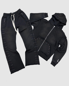 <b>Top</b> Trending Exclusive Design Breathable Men Acid Wash Rhinestone Tracksuit Zip Up Hoodie and <b>Distressed</b> Flared Sweatpant Set - Product Image 1