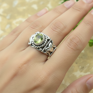 Handmade 925 Sterling Silver Peridot Birthstone <b>Ring</b> Vintage Floral Carved <b>Statement</b> <b>Ring</b> Yellow Gold Plated Jewelry Gift Men - Product Image 2