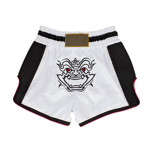 Men's White Muay Thai Boxing Shorts With <b>Black</b> Side Panels And Embroidered Dragon Logo Elastic Waist Sporty Style - Product Image 1