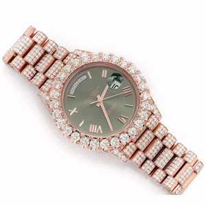 Luxury Business Iced Out Moissanite Watch Rose Gold Green Dial for <b>Automatic</b> Mechanical Diamond Butterfly Clasp - Product Image 5
