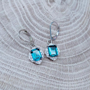 Pendientes de Zafiro Azul Océano, Corte Octogonal, Plata de Ley 925, Chapados en Oro, Regalo de Boda - Product Image 1