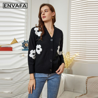 Pull cardigan en tricot à col en V pour femme, à motif floral, décontracté, coupe régulière, doux, respirant, léger, manches longues, 100% polyester