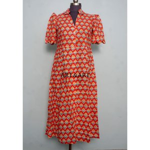 Robe midi pour femme en coton indien imprimé à la main, col en V, manches courtes, coupe trapèze, idéale pour les fêtes, les vacances d'été à la plage - Product Image 1
