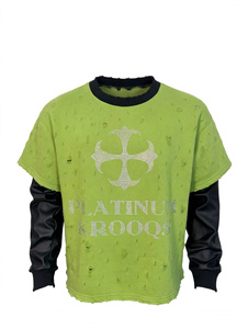 Custom OEM Rhinestone Graphic Lime Green Vintage Distressed Ripped Oversized Layered Leather Sleeve Men T <b>Shirt</b> Heavyweight - Product Image 1