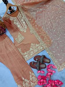 TENNECY Launching Designer Party Wear Nc Moss Silk <b>Top</b> Farshi Palazzo Dupatta Set Embroidery 5mm Sequences Stretchable - Product Image 5
