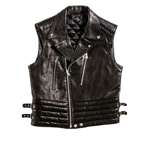 Chaleco de cuero genuino para hombre, chaleco de motociclista sin mangas, con cremallera y cuello vuelto - Product Image 5