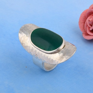 Green Onyx Oval Cabochon Sterling <b>Silver</b> Hammered <b>Ring</b> Gemstone <b>Chunky</b> Bohemia Jewelry Manufacturer Supplier - Product Image 4