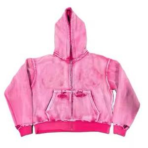 เสื้อฮู้ดดี้ทรงบ็อกซี่แบบครอป ซิปหน้า สไตล์สตรีทแวร์ ผ้าคอตตอน 100% หนัก 500GSM ล้างสีแบบแอซิดวอช ดีไซน์ขาดๆ สำหรับผู้ชาย - Product Image 1