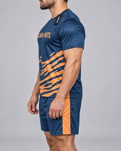 Maillot de football CLAW INTL pour homme, bleu et orange rayé, sublimé, en polyester respirant, coupe athlétique, manches courtes, col rond - Product Image 5