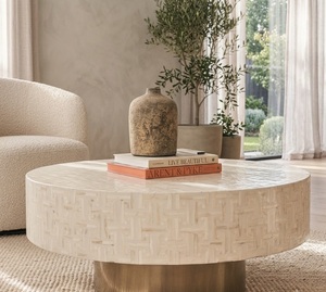 <b>Round</b> Bone Inlay <b>Wood</b> Frame Modern <b>Coffee</b> <b>Table</b> Pedestal Living Room Furniture ODM - Product Image 3