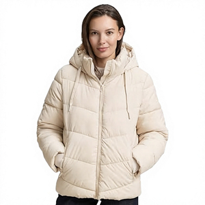 <b>Women's</b> <b>Beige</b> Breathable Canvas Quilted Puffer <b>Jacket</b> Full Sleeve Hooded Zipper Closure Winter Solid Color Regular Length Thick - Product Image 1