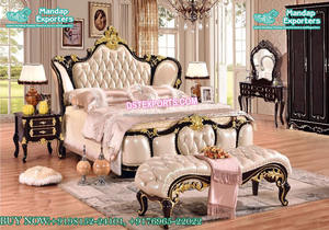 Conjunto de muebles de dormitorio de doble tallado, cama artesanal india y muebles de dormitorio, diseño de gran Villa con taburetes laterales - Product Image 4