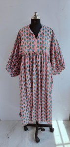 Ethnic Pink Floral Hand Print Cotton Midi <b>Dress</b> With Tie Neck Short Puff Sleeve <b>Loose</b> Fit Casual Summer <b>Dress</b> For Women - Product Image 3