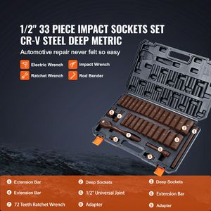 Set di Chiavi a Bussola a Impatto SAE 3/8'' 1/2'' da 33 Pezzi, Metriche 10-24mm, a 6 Punte in Acciaio al Cromo Vanadio, Kit di Riparazione Auto Facile - Product Image 3