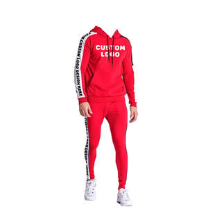 Ensemble de survêtement pour homme avec logo personnalisé, couleur rouge, en molleton, avec bande latérale, sweat à capuche et pantalon de jogging, 2 pièces, tenue décontractée, coupe slim, vêtements de sport et de gym - Product Image 2