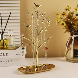 Golden <b>Tree</b> Jewelry <b>Stand</b> With Birds Metal Necklace Ring Holder Modern Desk Organizer Oval Base Storage Display Rack From India - Product Image 1