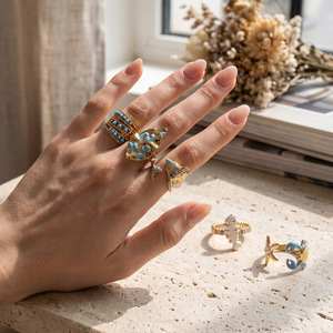 Anillo Abierto de Acero Inoxidable Chapado en Oro de 18K con Esmalte Azul, Diseño de Estrella de Mar, Cola de Ballena y Espina de Pescado, Resistente al Agua, Regalo de Verano XH - Product Image 2