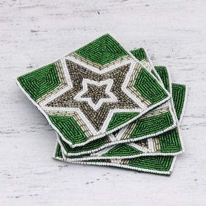 Round Beaded Resin <b>Coaster</b> <b>Green</b> Brown Star Pattern Modern Style Durable Waterproof Promotional Gift NOUSHAD HANDICRAFTS - Product Image 1