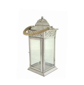 Lanterne à bougie marocaine suspendue en bronze, petite, carrée, avec grille à découpes inclinées, dôme de pagode, anneau de ventilation, poignée et panneaux en verre - Product Image 5