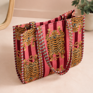 Premium Quilted Bohemian Tiger Print Open Large Cotton <b>Tote</b> Bag Reusable Shoulder Carryall Women Travel <b>Beach</b> Market Daily - Product Image 3