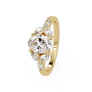 Anillo de compromiso de lujo de oro amarillo de 14K con diamantes de corte ovalado de 2.20 CT TDW y piedras laterales marquesa y redondas con engaste de garras - Product Image 4