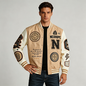 Blouson Teddy Homme NeoHope Beige avec Broderies Style Preppy Coupe Classique Col Montant en Laine Chauffant Coupe-Vent - Product Image 3