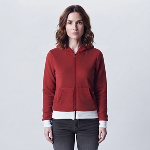 Sudadera con capucha y cremallera para mujer, de forro polar, color rojo liso, con bolsillos canguro, puños en contraste, manga larga, para invierno - Product Image 1