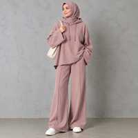 Ensemble 2 pièces en tricot rose pour femmes, à capuche, manches longues, coupe ample, décontracté, couleur unie, pantalon long, hiver, séchage rapide, respirant
