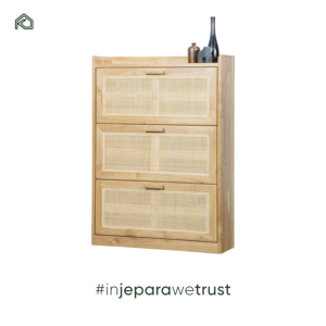 ตู้เก็บรองเท้าโมเดิร์นสำหรับทางเข้าบ้าน ชั้นวางรองเท้าทรงแคบ 3 ชั้น วัสดุหวายและไม้ สำหรับห้องนอนสไตล์ฟาร์มเฮาส์ - Product Image 2