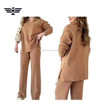 Conjunto de 2 Piezas para Mujer, Top de Manga Larga con Cuello en V y Pantalones Anchos, Estilo Casual Otoñal, Corte Holgado, Color Sólido, Tejido de Punto