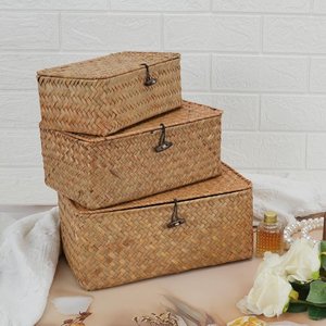 Grandes boîtes de rangement en jonc de mer pour bibelots et bijoux, présentoirs en jonc de mer, organisateurs de comptoir et de coiffeuse - Product Image 3