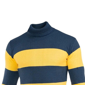T-shirt à col roulé en tricot pour homme, rayé, manches longues, coupe décontractée, bleu marine et jaune, color block - Product Image 2