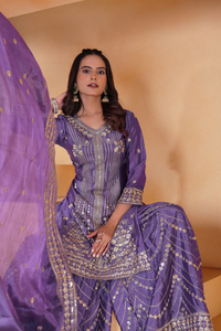 Coding <b>Sequin</b> Chinon Silk Short Top Ultra <b>Flared</b> Palazzo Pack Matching Dupatta Three Piece Indian Party Wear Suit - Product Image 5