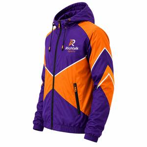 <b>Men's</b> Hooded <b>Racer</b> <b>Jacket</b> Purple Orange Color Blocking Windproof Zipper Front Logo Sporty Autumn Wear - Product Image 3