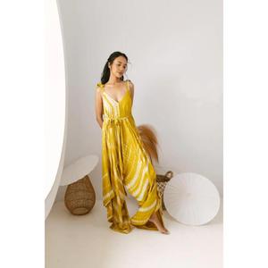 Womens Yellow Plaid <b>Boho</b> Maxi Dress Sleeveless V Neck Flowy Beach Vacation Cotton Eco Friendly - Product Image 1